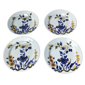 Vintage Italy 4 Hand Painted Salad / Dessert Plates Blue Yellow Floral Insect